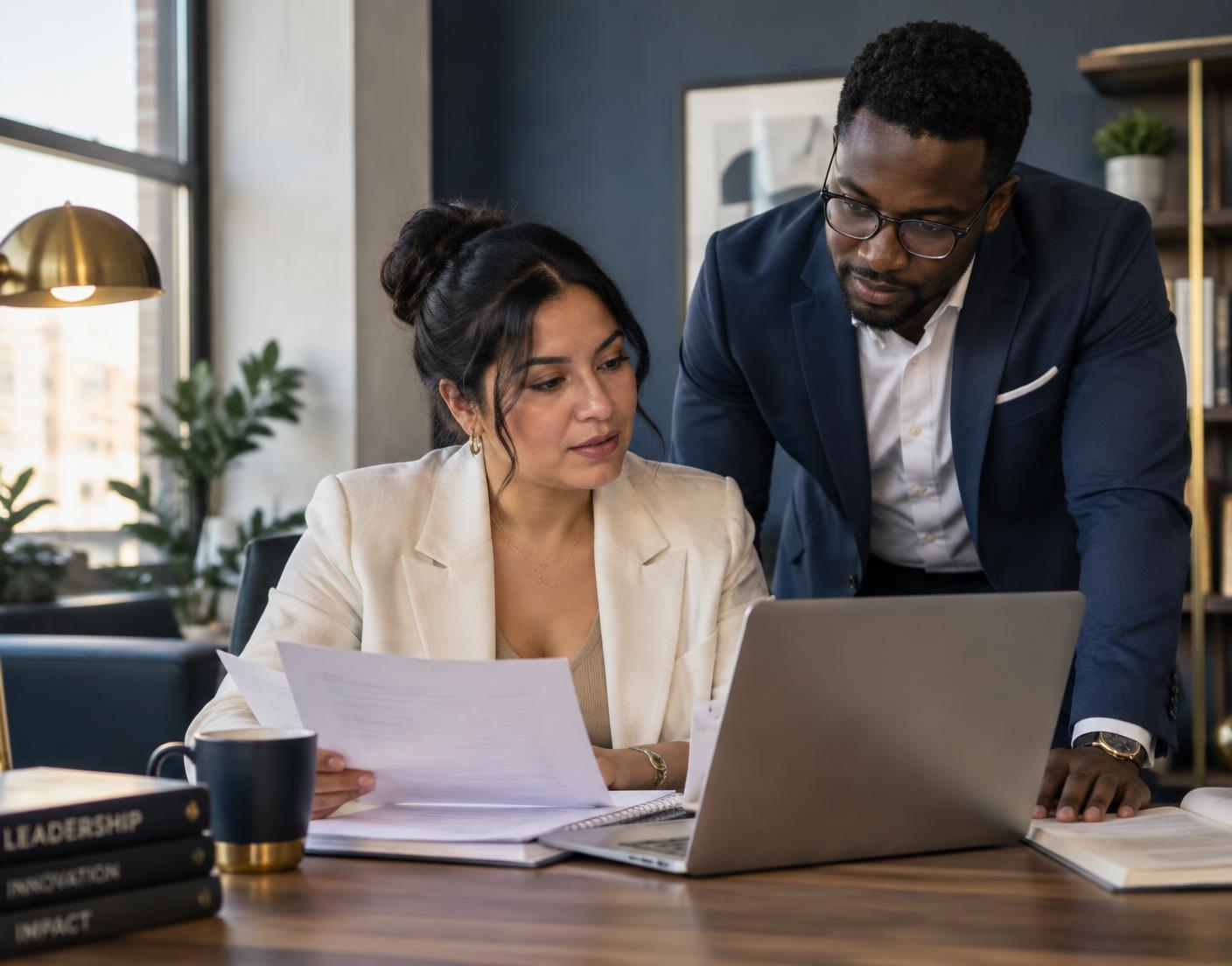 Two professionals reviewing business documents and working on a laptop
